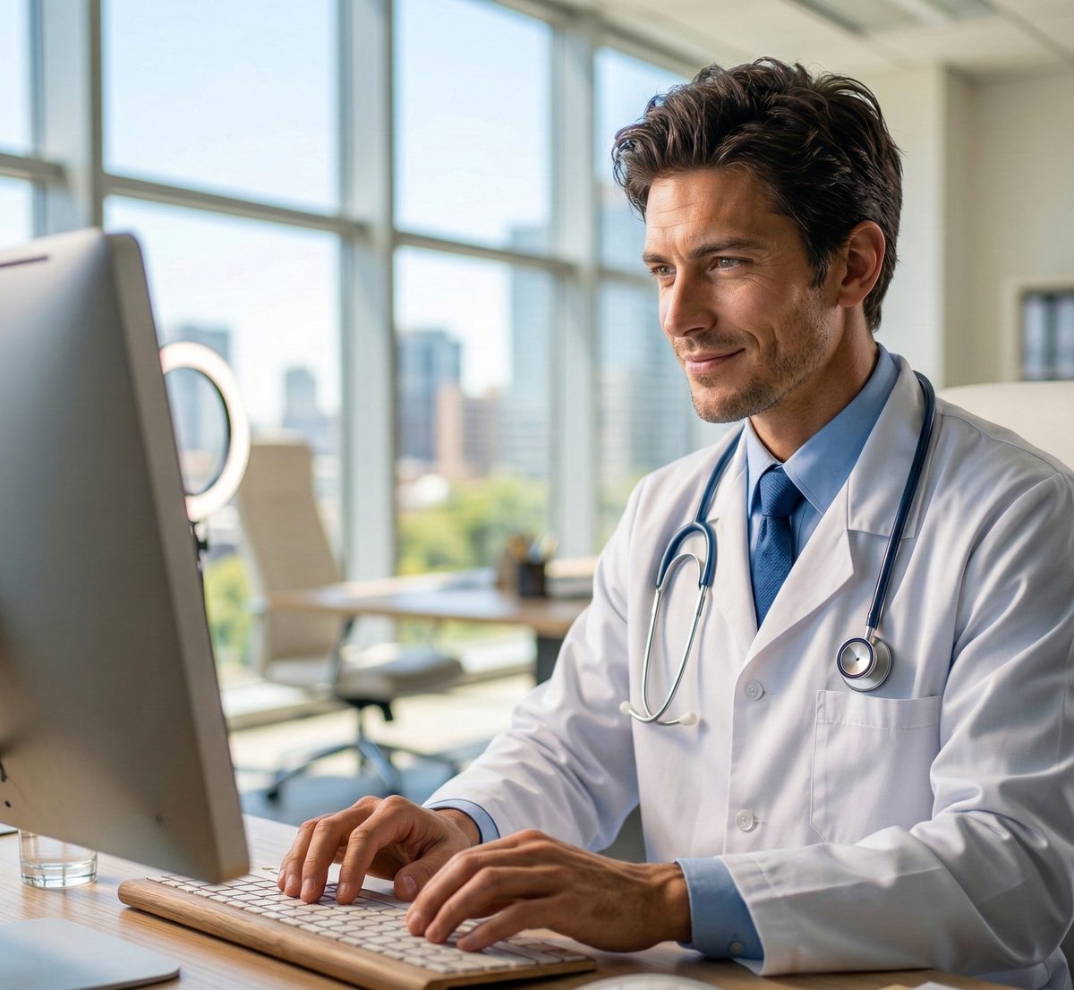 Médico utilizando uma solução Atlus no consultório